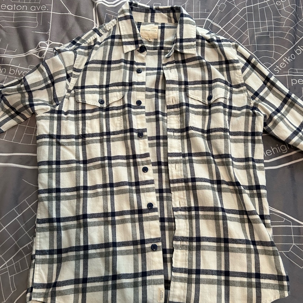American Eagle White Flannel, Blue and Grey Stripes, Men’s Medium